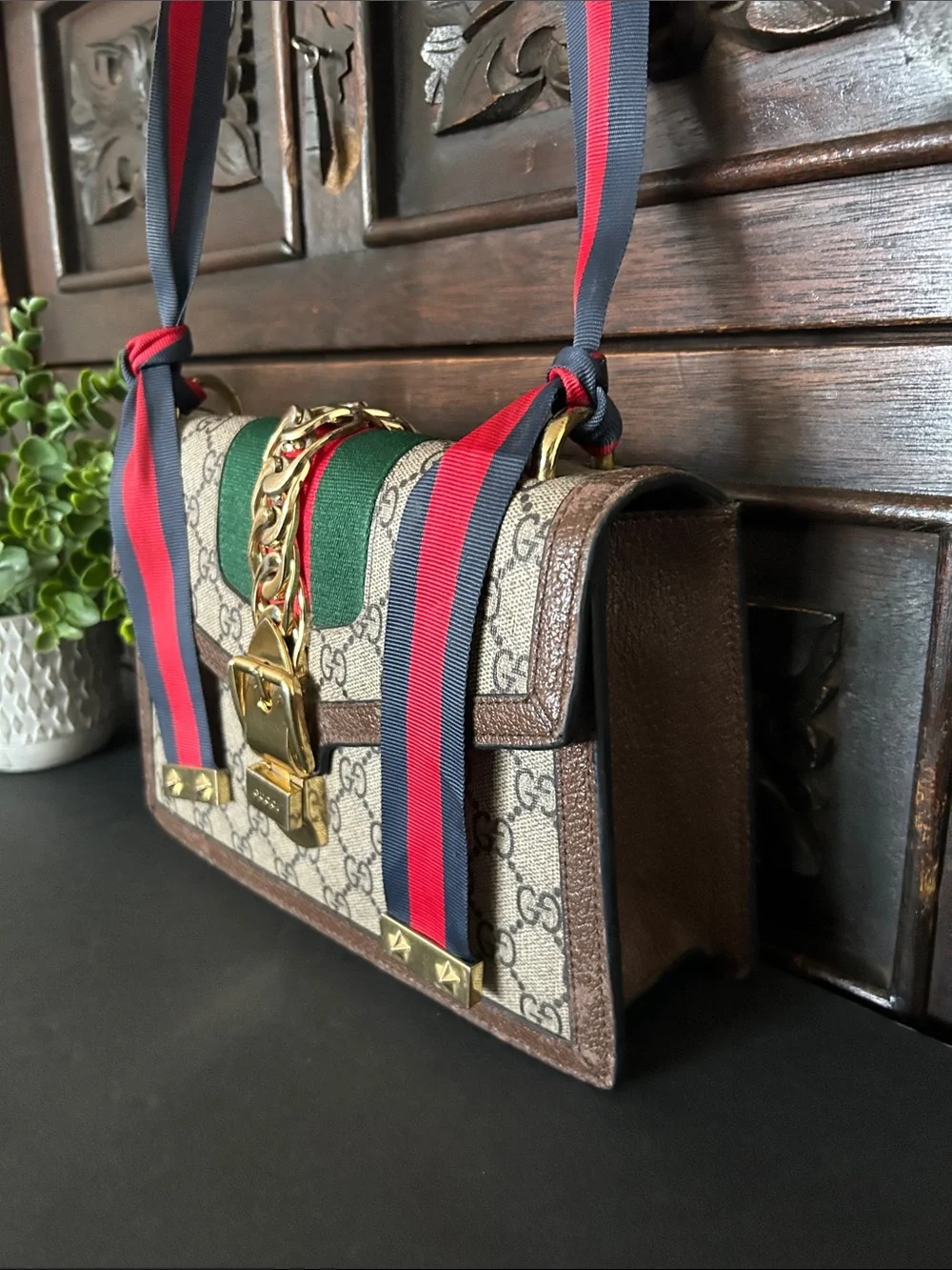 Beautiful Beige Crossbody with Green and Red-Blue Web Strap